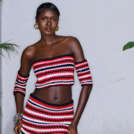 Model wearing Amarelis striped crotchet swimwear